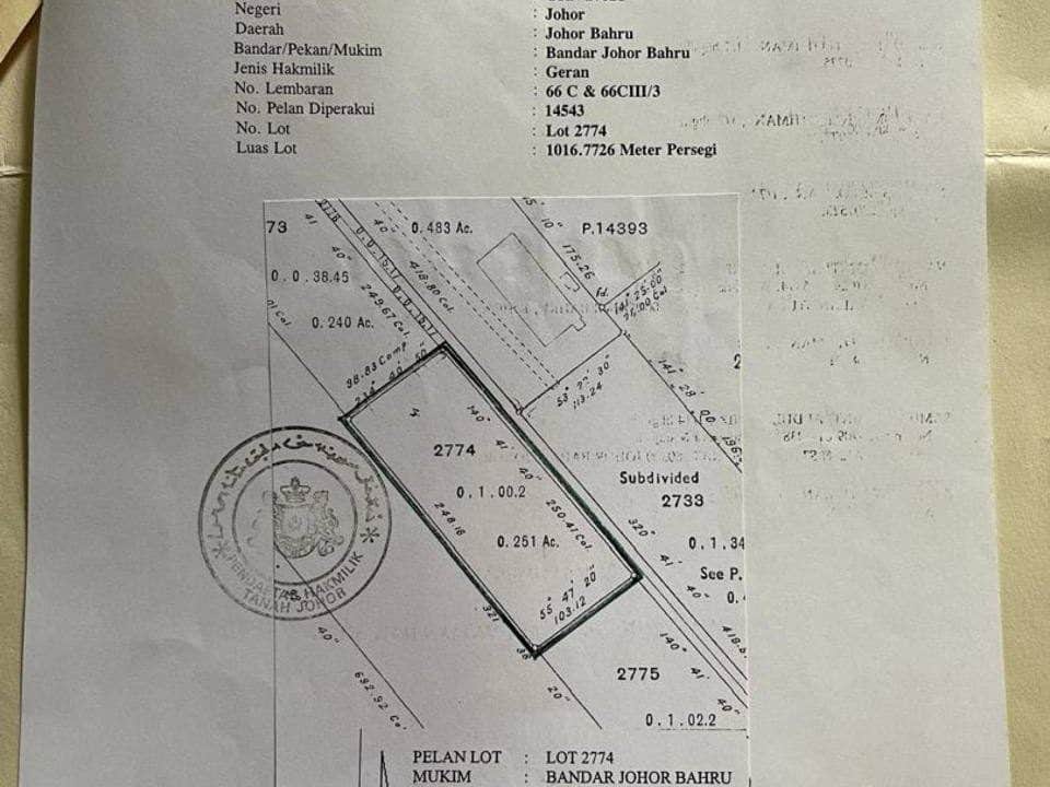 Tanah Bangunan Freehold 10,944 sqft Johor Bahru Stulang Darat Dengan Rumah Sewa Berhampiran CIQ